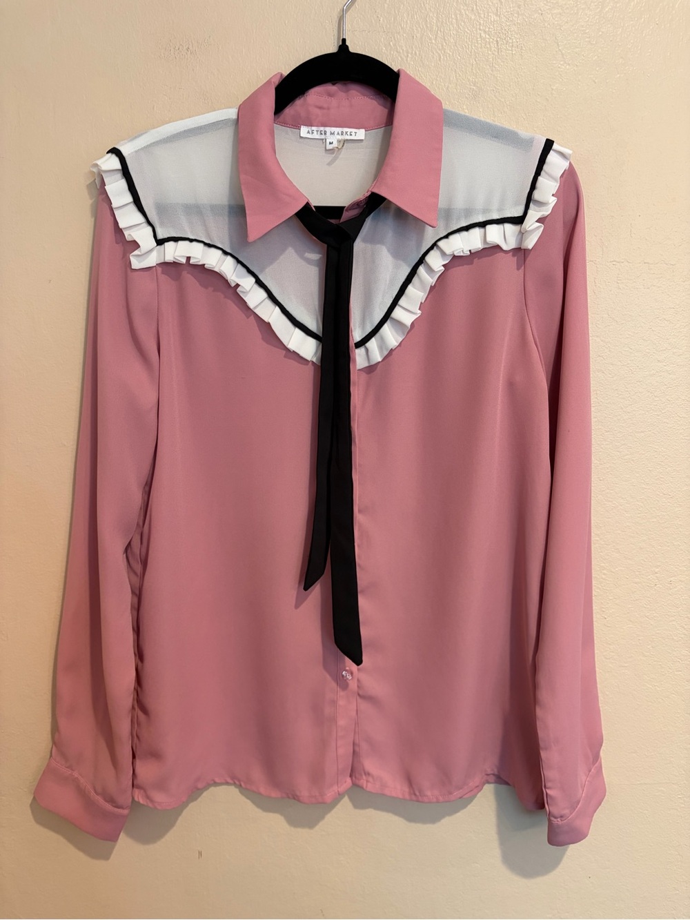 Pink Rose Ruffle-Yoke Button-Up Blouse w/ Black Tie Accent, Country Cowgirl